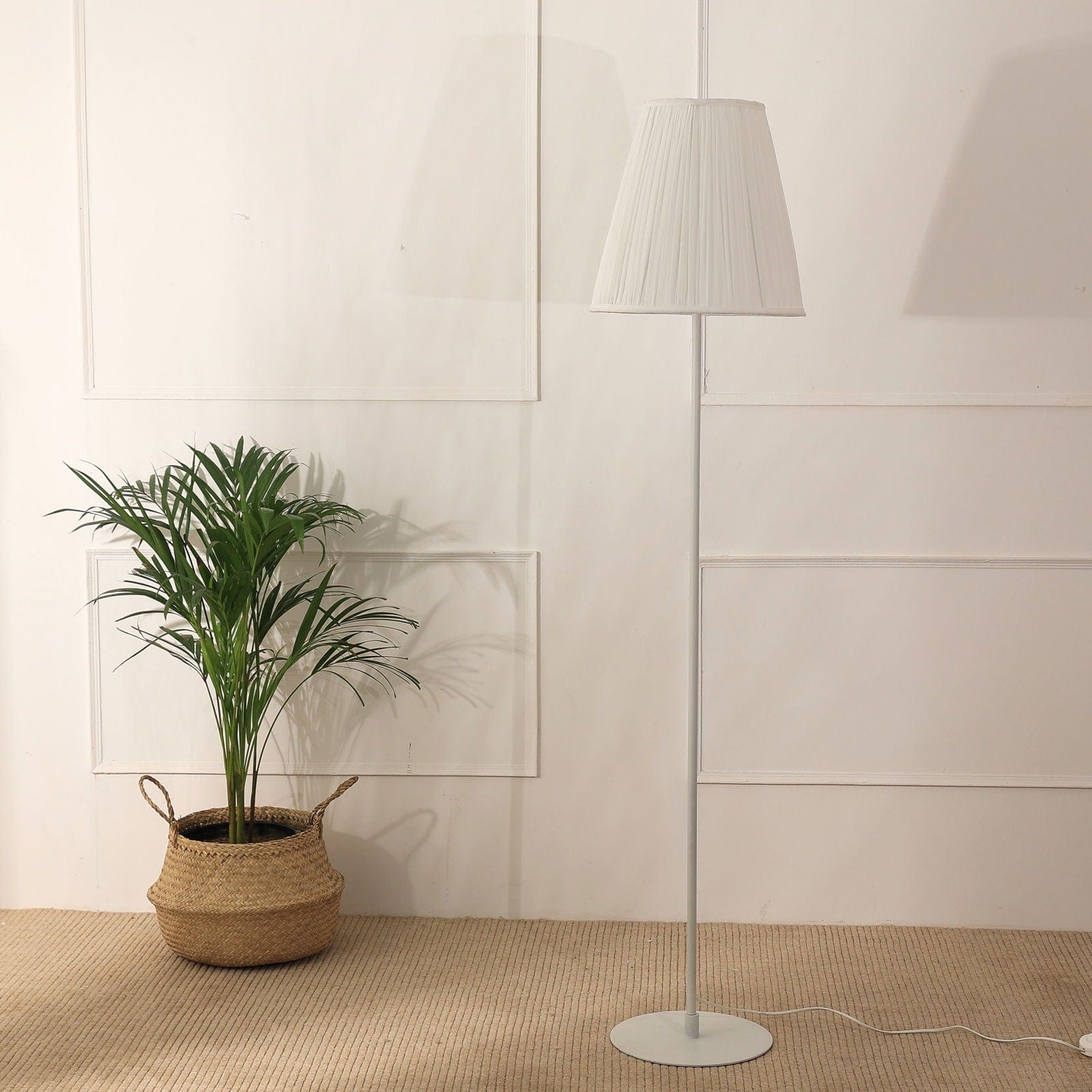Polester Floor Lamp - White Pleated Shade Floor Light, White Stick Tripod Standing Lamp, Easy to Assemble - FIG Living - Polester Floor Lamp - White Pleated Shade Floor Light, White Stick Tripod Standing Lamp, Easy to Assemble Image