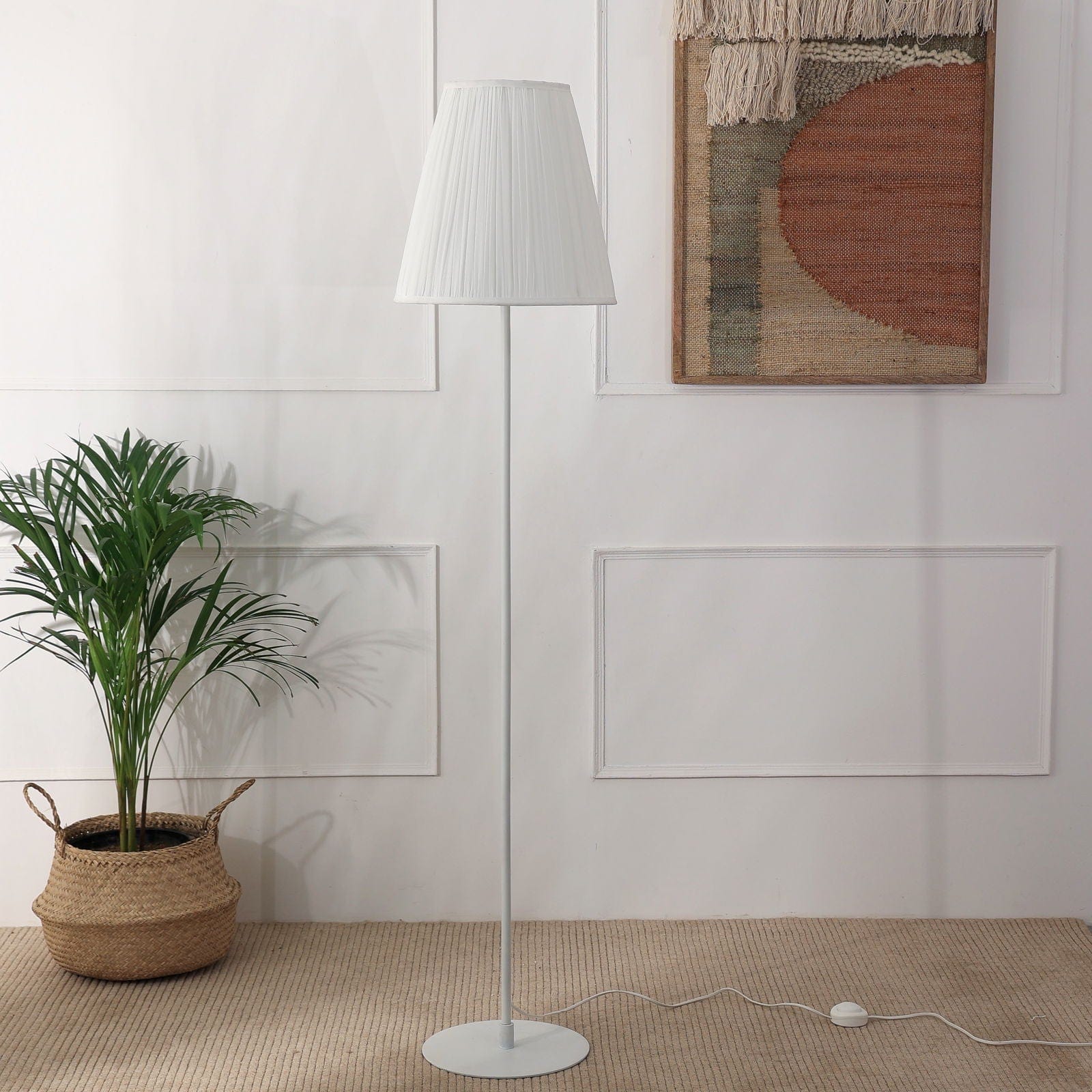 Polester Floor Lamp - White Pleated Shade Floor Light, White Stick Tripod Standing Lamp, Easy to Assemble - FIG Living - Polester Floor Lamp - White Pleated Shade Floor Light, White Stick Tripod Standing Lamp, Easy to Assemble Image