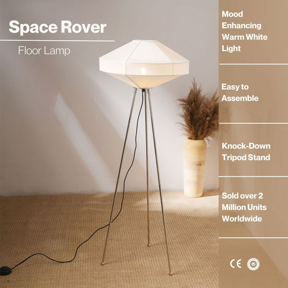 Space Rover Floor Lamp - Tripod Floor Light, Nickle Base and Elegant Fabric Shade Tripod Standing Lamp - FIG Living - 