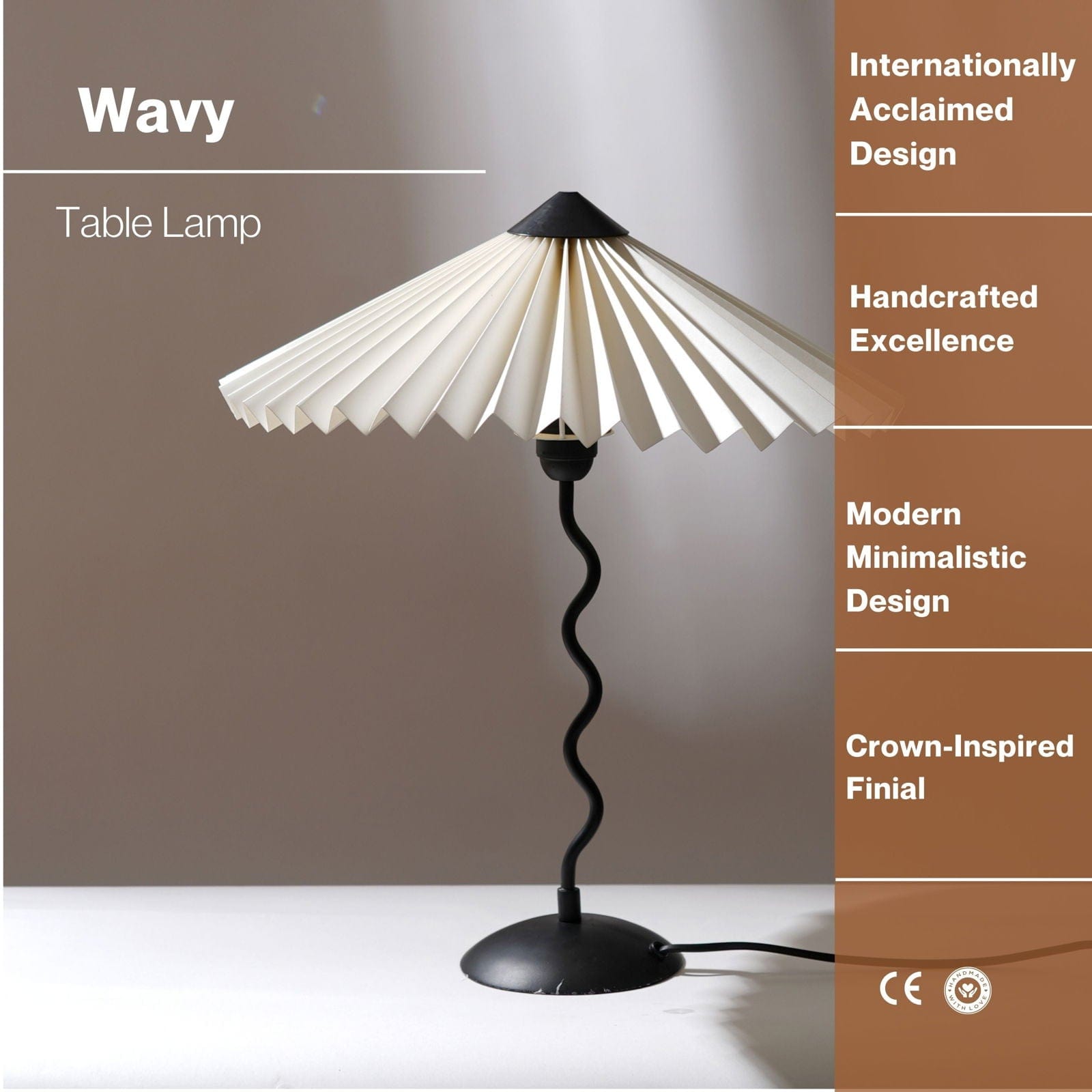 Wavy Table Lamp - Contemporary Metal Base Desk Lamp Lighting And Handpleated Shade Bedside Lamp - FIG Living - Wavy Table Lamp - Contemporary Metal Base Desk Lamp Lighting And Handpleated Shade Bedside Lamp - FIG Living