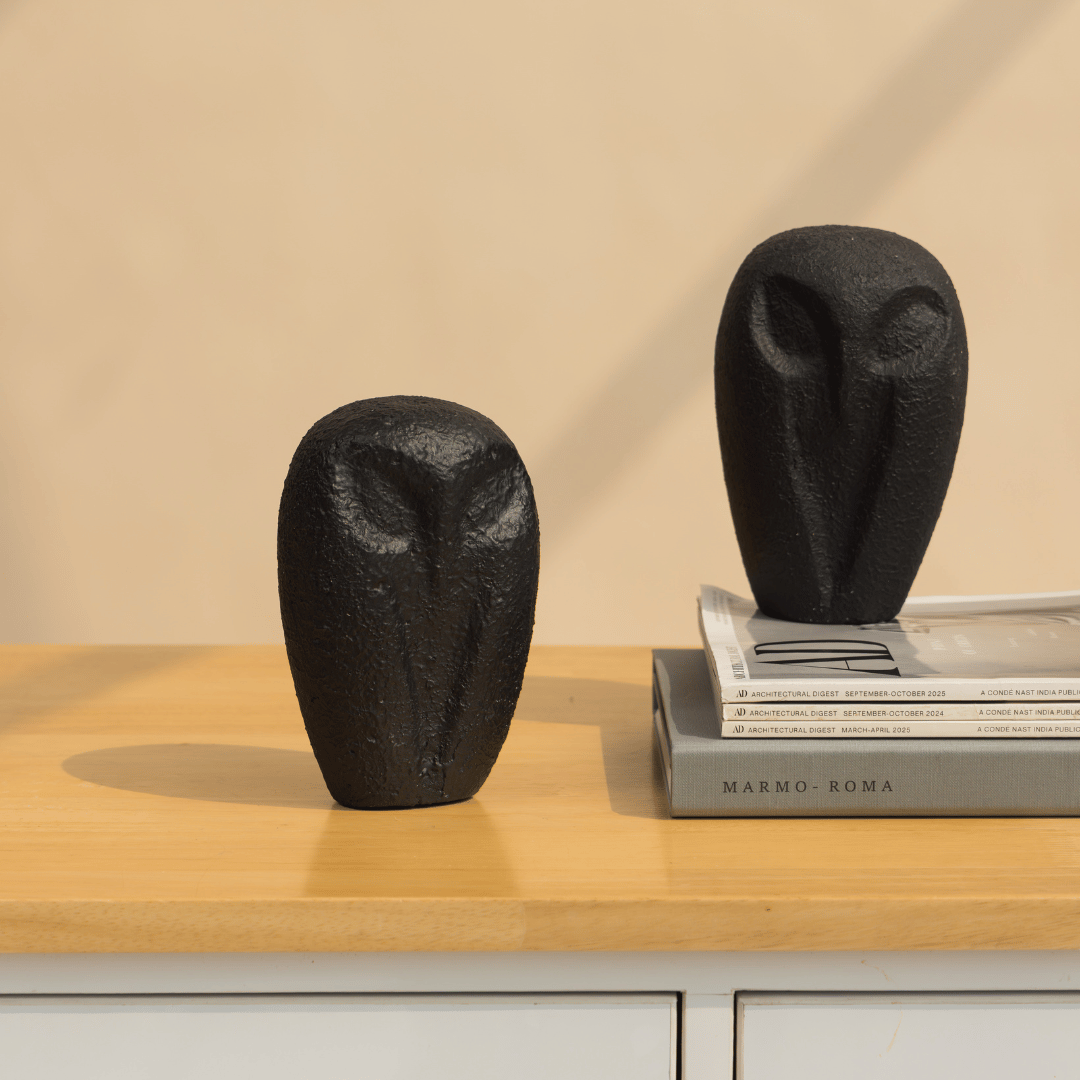 black owl decorative object for shelf styling